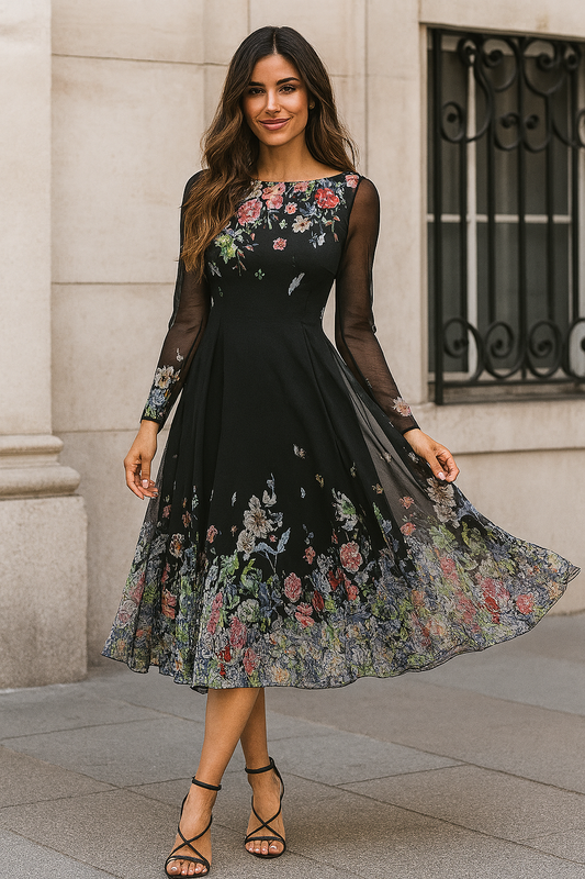 Selene | Zwarte jurk met bloemenprint